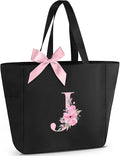 Vavabox Tote Bag, A-Z Initial Monogrammed Waterproof Tote Bag, Bridesmaid Gifts for Women, Black and Pink