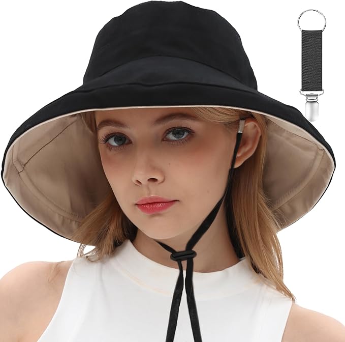vidsel Womens Sun Hats Wide Brim Reversible Bucket Cotton Hat Packable Summer Travel Cap with Hat Clip,UV Protection