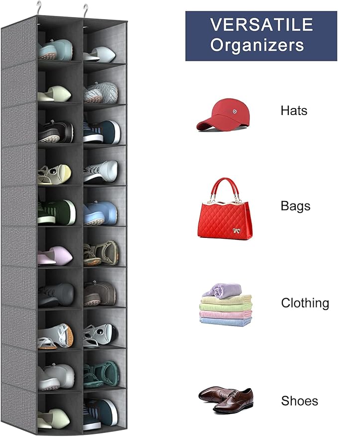 coastal rose Hanging Shoe Organizer for Closet, 20 Sections Hanging Closet Organizer and Storage Shelves, Space Saving Shoe Rack for Closet, Grey, 12''W×12''Dx 50''H