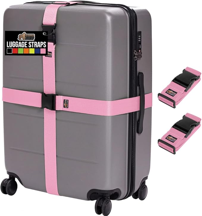 GORILLA GRIP Heavy Duty Adjustable Luggage Straps for Suitcases, Easy to Identify Travel Belt Connector Holds Suitcase Together, Extends Life of Bag, Strap Connects Two Bags, Accessories 2 Pack Pink