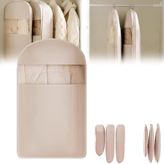 Space Saving Hanging Garment Bag with Self Compression Zipper, Space-Saving Dust-Proof Down Jacket Compression Storage Bag for Coats Blankets, Sweaters, Seasonal Clothes(Beige, L)