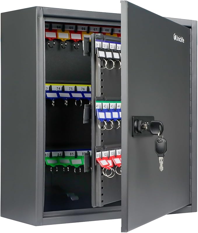 Uniclife 120 Position Key Cabinet with Combination and Key Lock Resettable Black Digital Security Storage Box Steel Key Organizer with Adjustable Racks Colorful Key Tag Stickers and Hooks