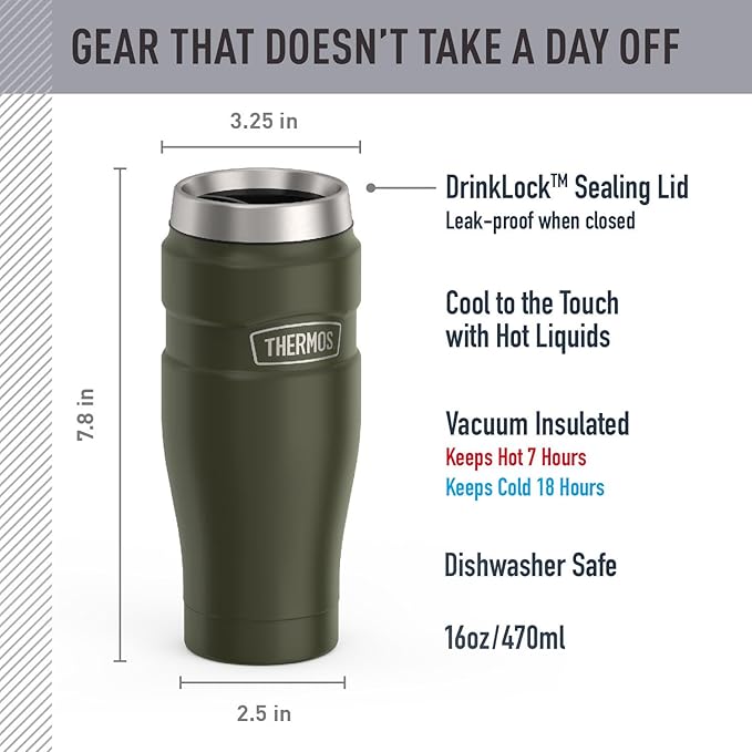 THERMOS Stainless King Vacuum-Insulated Travel Tumbler, 16 Ounce, Army Green