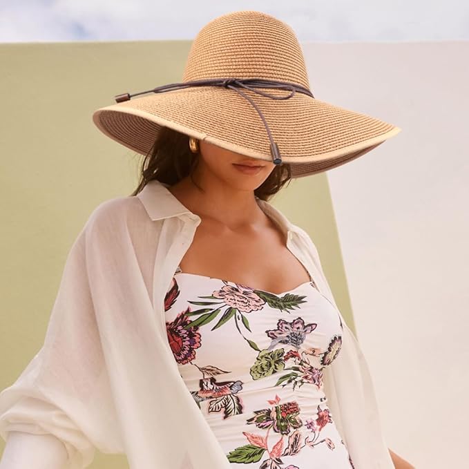 DRESHOW Beach Hats for Women Big Straw Wide Brim Summer Hat Floppy Foldable Roll up Cap Sun Hat UPF 50+