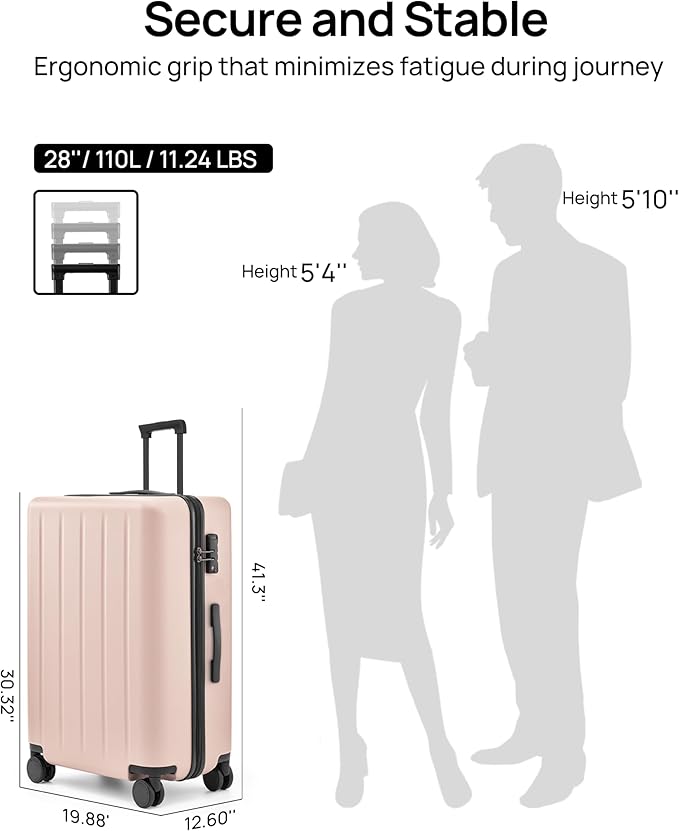Carry On Suitcase, Checked Trunk Luggage with Double Spinner Wheels, Anti-Burst Zipper, Hard Case PC Suitcase Lightweight Travel Luggage, TSA Approved (09-Baby Pink (Danube), Checked 28-Inch)
