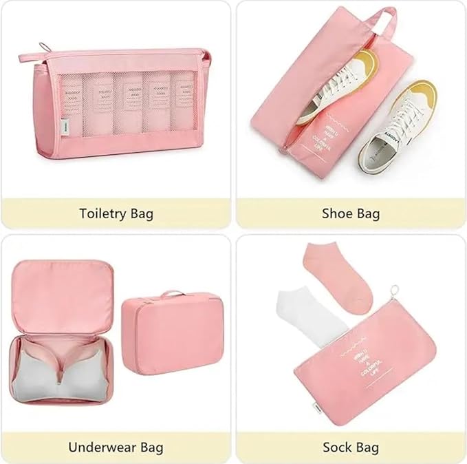 9 Set Packing Cubes for Suitcases, Aydicon Travel Luggage Packing Organizers with Laundry, Toiletry Bag, Compression Storage Shoe Bag, Toothbrush Case, Travel Essentials (Pink)