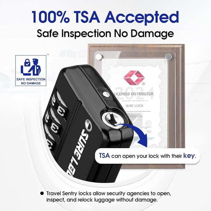 SURE LOCK TSA Approved 4-Digit Resettable Combination Luggage Locks with Open Alert, Easy-Read Dials - for Luggage, School Lockers, Gym, Office, Toolbox & Security Cases (Black 2 Pack)