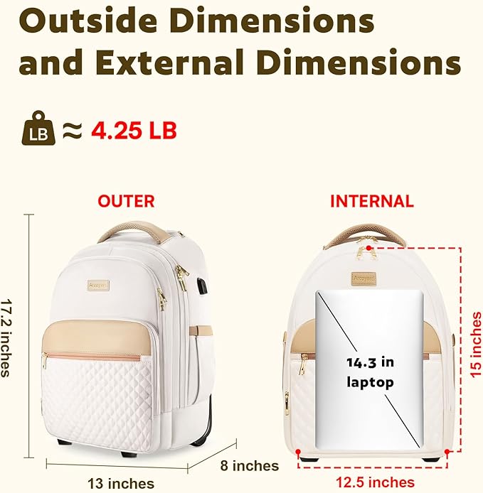 Small Rolling Backpack, Underseat Carry On Luggage With Wheels For Adults, 15.6 Inch Wheeled Backpack for Women, Travel Roller Bag, Beige