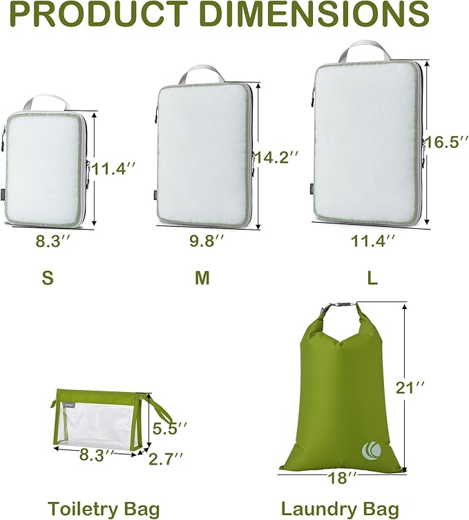 Cipway Compression Packing Cubes, See Through Mesh Luggage Organizer Bags, Travel Essentials for Carry on Suitcase with Laundry Bag and Clear Toiletries Bag（6 Pcs,Green）