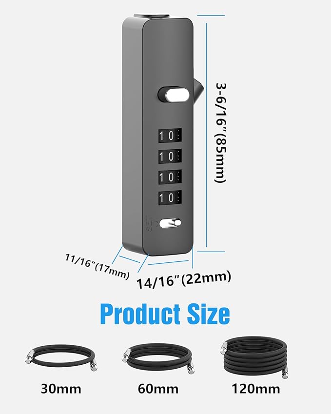 Combination Lock, 4-Digit Steel Cable Locks with Code, Locks for Lockers with 3 Lengths Cables for Bikes, File Cabinets, Wardrobes, Small Fences, Refrigerator Door (Gray-1pc)