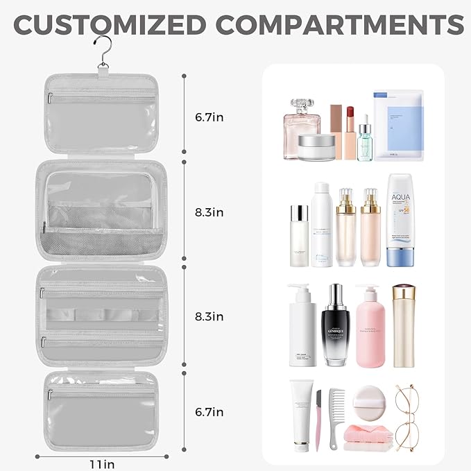 Toiletry Bag For women,Portable Hanging Organizer,4 Leakproof Compartment for full-sized Conditioner, Brushes Set, Makeup Accessories,Visible and easy to access.M-grey