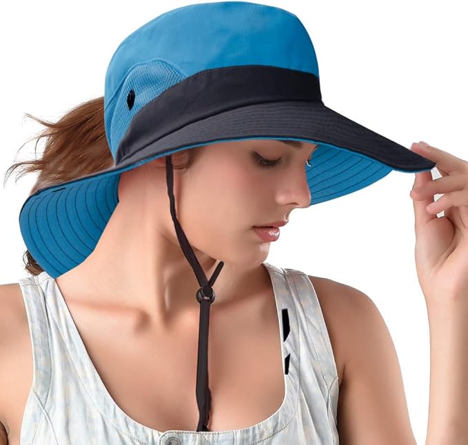 Rosoz Ponytail Sun Bucket Hats for Women UV Protection Foldable Mesh Wide Brim Hiking Beach Fishing Summer Safari