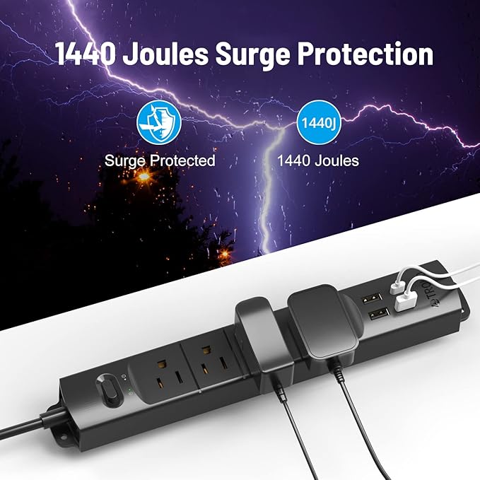 TROND Surge Protector Power Strip with USB, Ultra Thin Flat Plug 15ft Long Extension Cord 1625W, 3 USB A & 1 Type C, 4 AC Outlets 1440J Surge Protection Wall Mount for Home Office Dorm Room, Black