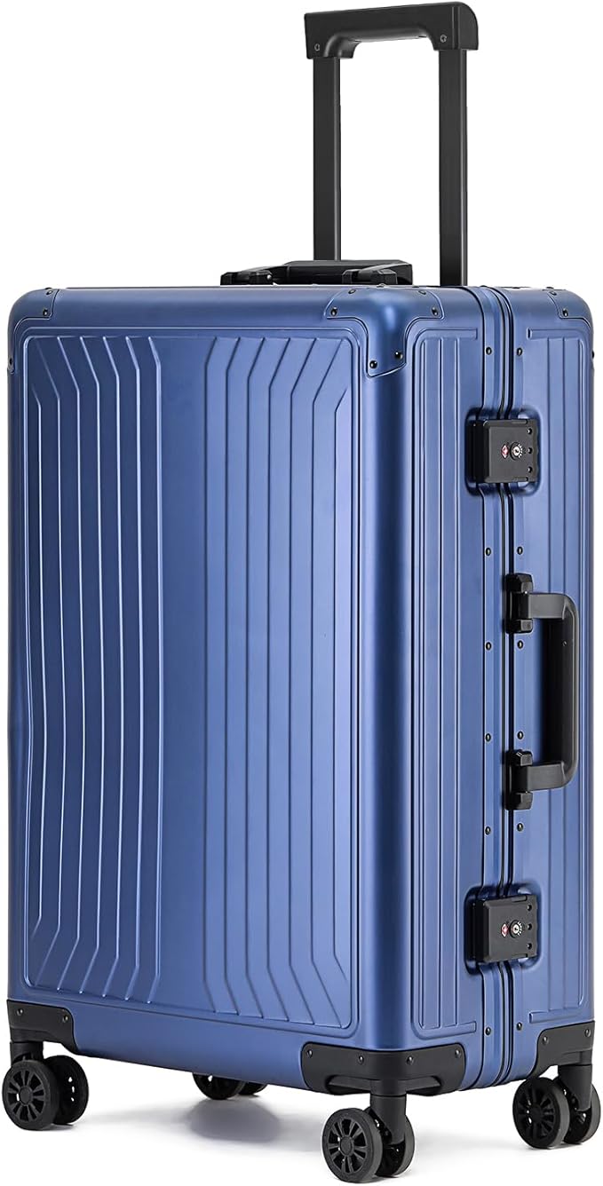 Metal all aluminum carry-on suitcase 20 "hard face, TSA lock and rotating wheel zippered luggage set (blue, 24 '')