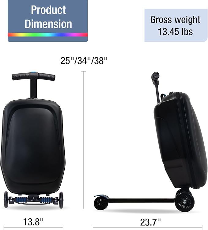 20" Scooter Suitcase for Kids, 2-in-1 Ride On Luggage with Wheels for Boys & Girls Ages 4-15, Foldable Hardshell Carry On Lightweight Travel Suitcase for Airplane