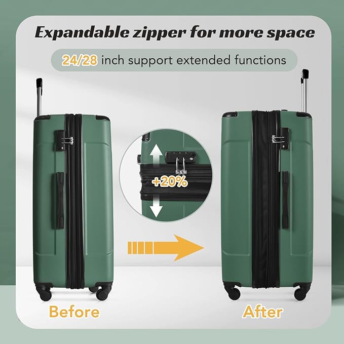 Merax Luggage Sets 2 Piece Suitcases with Wheels, Hardshell ABS Expandable and Lightweight, TSA Lock, Spinner Wheels, Carry On Luggage with Corner Guards (20 28 inch Green)
