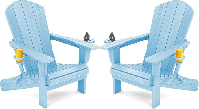 SERWALL Adirondack Chair with Cup Holders - Composite Adirondack Chairs HDPE Outdoor Chairs Set of 2 All Weather Use- Light Blue