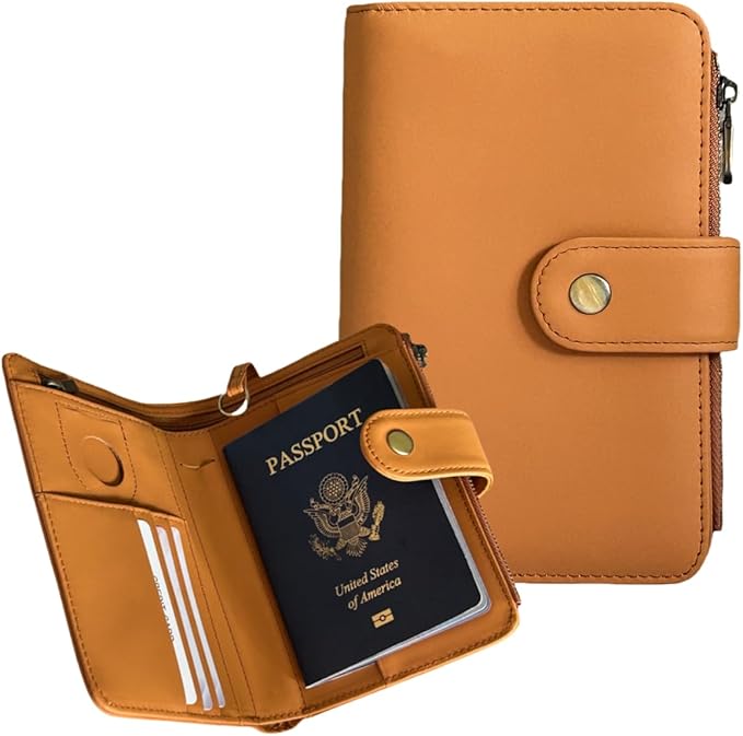 Full Grain Leather Passport Wallet, RFID Blocking Passport Holder with AirTag Slot, Multi Compartment Travel Wallet for Women & Men, Secure Passport Cover Case for Airport Essentials (Brown)