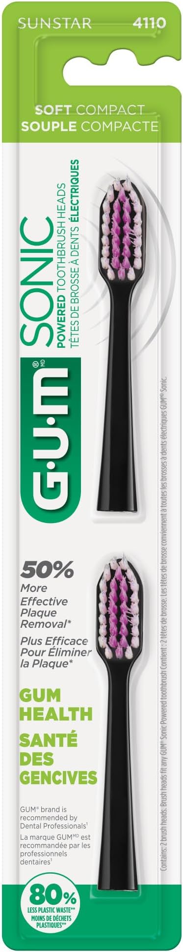 GUM Sonic Powered Toothbrush Refills, Tapered Bristles Clean Below The Gumline, Black 2ct. (Pack of 2)