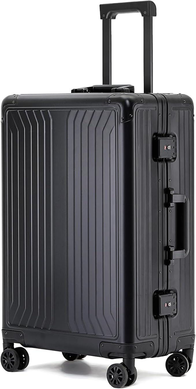 Metal all aluminum carry-on suitcase 20 "hard face, TSA lock and rotating wheel zippered luggage set (black, 24 '')