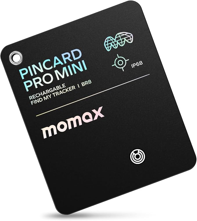 Momax Wallet Tracker Smart Finder - Rechargeable Slim Bluetooth Key Tracking Card with 1-Year Battery, Apple Find My (iOS Only), Item Locator for Luggage Tag, Suitcase, Passport, Backpacks, Mini Size