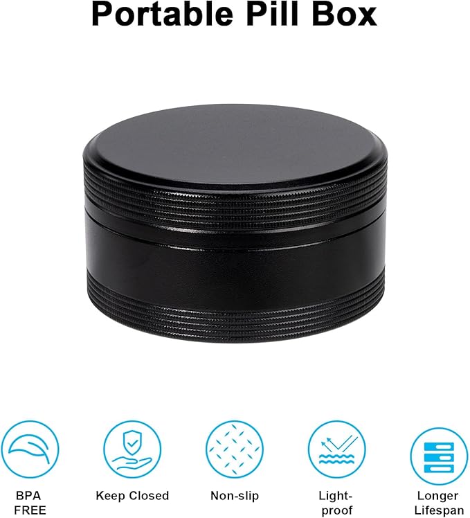 Portable Pill Box Metal Pill Case - Single Waterproof Pill Container for Purse & Pocket Travel Pillbox, Daily Round Aluminium Medicine Organizer Holder to Hold Vitamins, Medication, Fish Oil