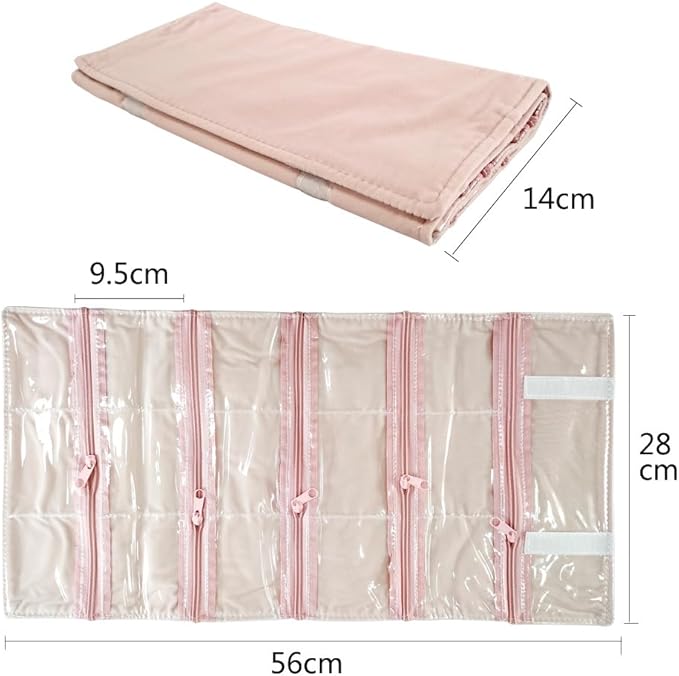 Travel Jewelry Roll Bag Portable Organizer Pouch With Grids&PVC Cover Storage Bags for Necklace, Bracelet, Bracelet,Ring, Badge, Pendant