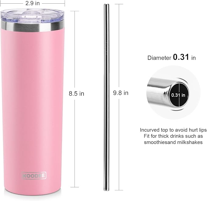 koodee 20 oz Stainless Steel Skinny Tumbler(4 Pack) Double Wall Insulated Water Tumbler Cup with Lids, Straws and Straw Brushe（Baby Blue/Pink/Sky Blue/Teal）