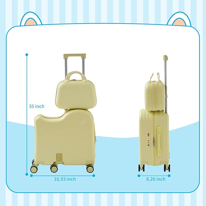 TABU Ride-on Luggage with Handbag for Kids，Hardshell Carry On Suitcase with Hidden Cup Holder, Foldable Pedal,Type-C & USB Interface, TSA Lock, 6-Spinner Wheels, Yellow