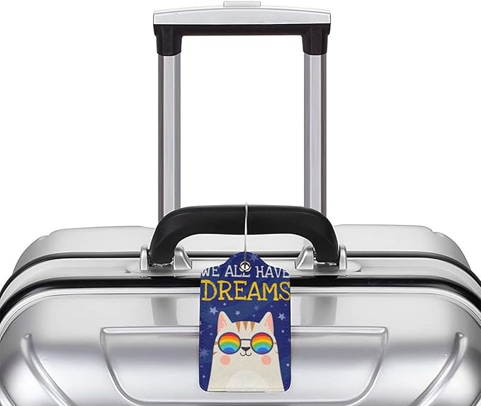 2 Cute Cat with Rainbow in Eye Glasses Luggage Tags, We All Have Dreams Encouraging Letters Suitcase Tag Privacy Name ID Card Travel Bag Labels for Friends Adults Kids