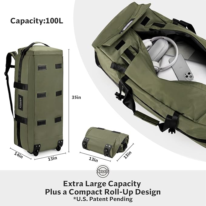STOVER 100L Rolling Duffel Bag with Wheels, X-Large 35 Inch Durable Travel Duffle + Toiletry Bag, Heavy Duty, Packable w/Shoulder Straps- Use as Luggage or Backpack, Men/Women (Green)