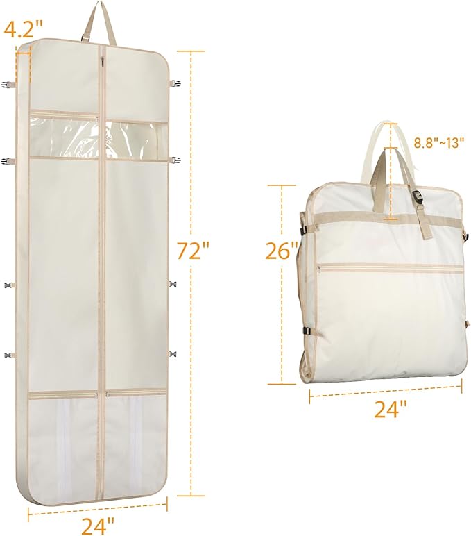 Zilink Wedding Dress Bag Long Garment Bag 72" Dress Bag for Traveling Trifold Bridal Garment Bag with Accessory Pockets and Adjustable Buckles for Wedding dress, Prom Evening Gown [Upgraded Version]