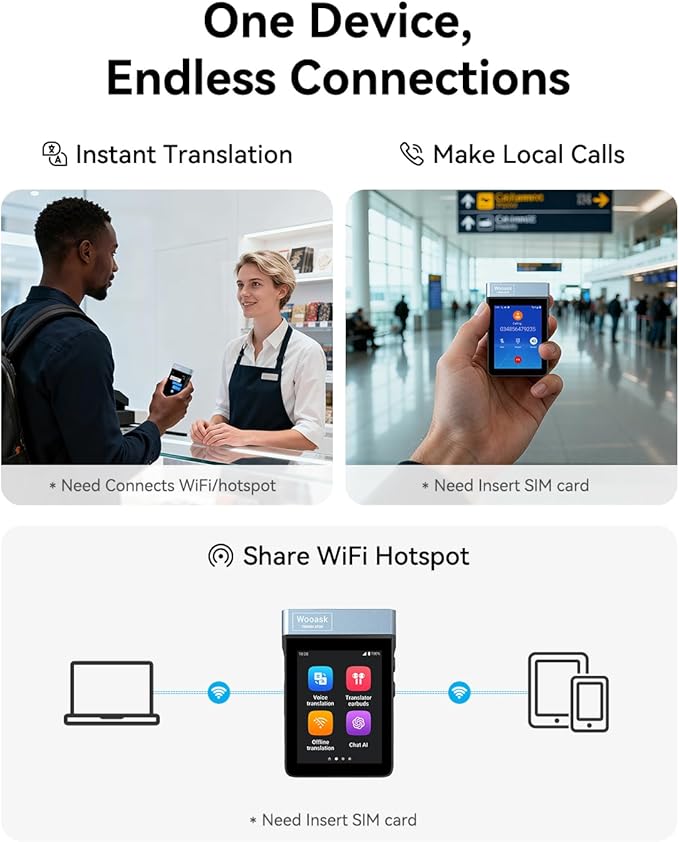 Wooask A9 Translation Earbuds Real Time Support Calls & Hotspot Sharing, AI Translator Device No APP No Phone Needed with 140+ Languages, ChatGPT/Offline/Photo Translation for Business & Travel