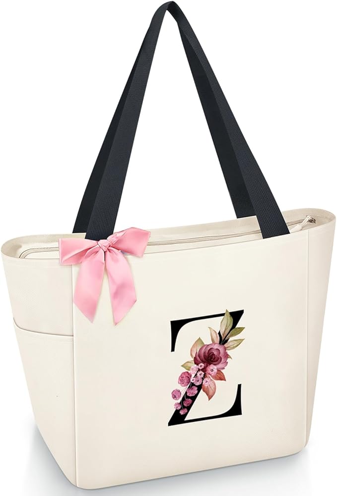 Vavabox Tote Bag, A-Z Initial Monogrammed Waterproof Tote Bag, Bridesmaid Gifts for Women, Black and Pink