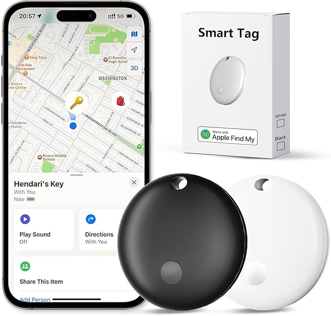 Tracker Tags, Item Finder Work with Apple Find My (iOS Only), Tracking Device Locator Smart Tag for Luggage, Keys, Wallet, Bike, Pets, Bags (Black & White, 2 Pack)