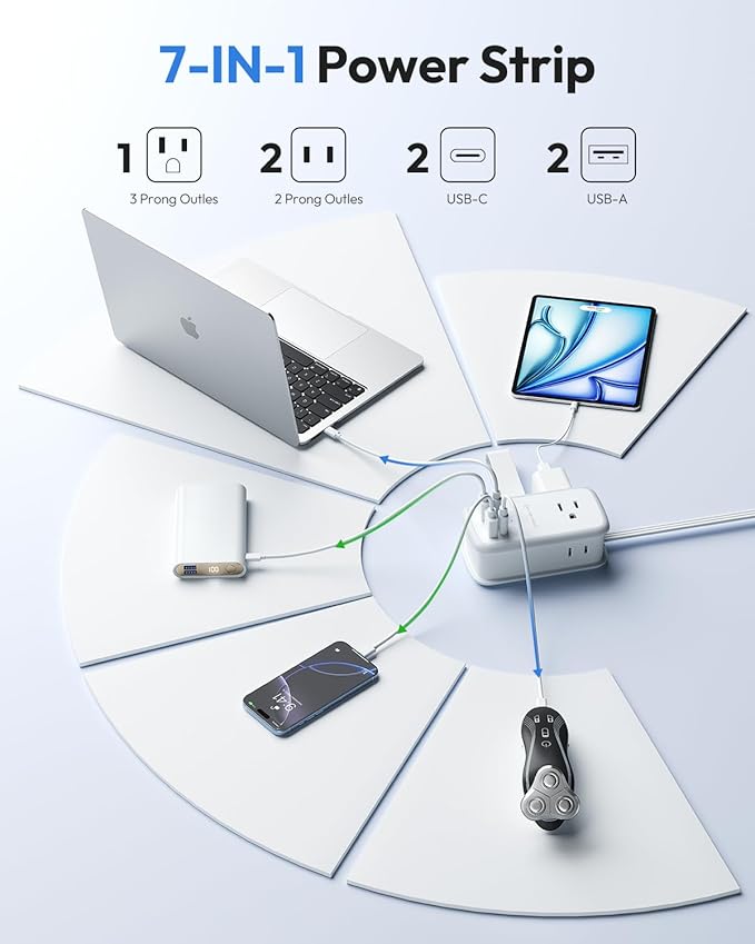 NTONPOWER GAN Ultra 65W USB Charging Station, 7 in 1 Travel Power Strip with 3 Outlets 4 USB (2 USB C), Extension Cord 4ft, Travel Essentials, Cruise Power Strip Compatible with MacBook, iPhone, White