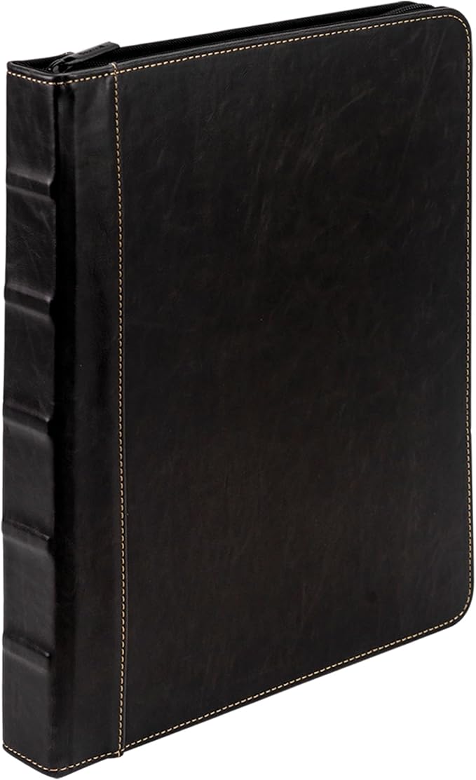 Samsill Vintage Leather Binder, Zippered, 1 Inch Round Ring, Letter Size 8.5x11 Documents, Contrast Stitching, Professional Organizer Portfolio, Planner, Black