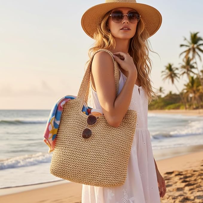 Straw Beach Tote Bag: Large Summer Boho Woven Bags - Rattan Handmade Shoulder Handbags for Women