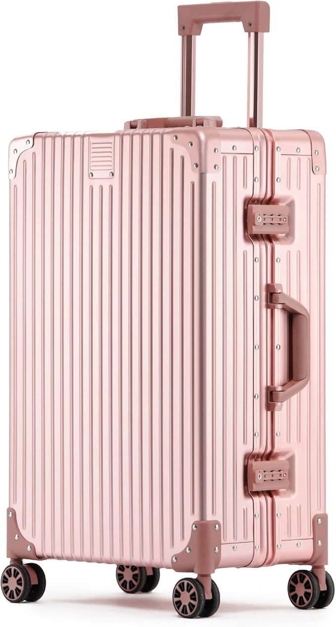 Metal All Aluminum Carry-on Luggage TSA Customs Lock Zipperless Silent Rotary Wheel Business Suitcase Aluminum Frame Set (rose gold, 24 '')