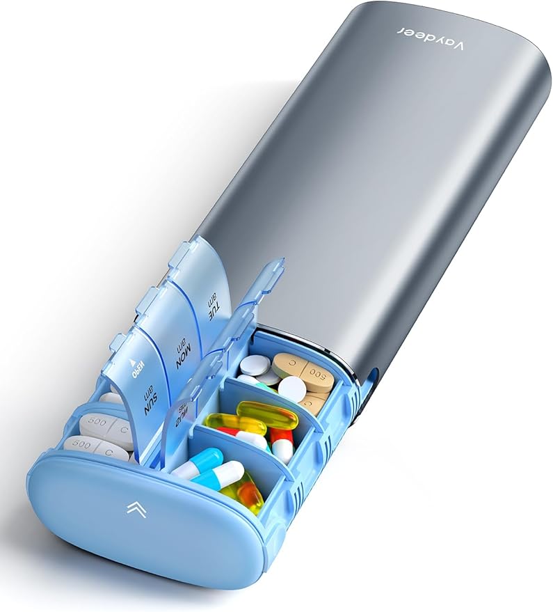 Vaydeer 7 Day Weekly Pill Organizer 2 Times a Day, Metal Am Pm Travel Pill Case, Large Capacity Twice Daily Cute Pill Box for Supplements, Pills, Vitamins and Medication (Gunmetal)