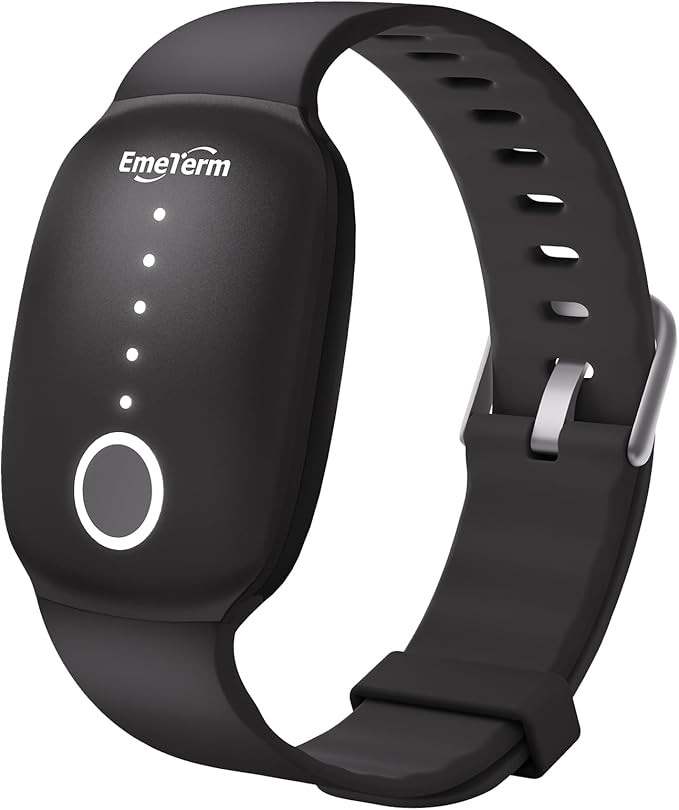 EmeTerm Fashion FDA Cleared Relieve Nausea Electrode Stimulator Morning Sickness Motion Travel Sickness Vomit Relief Rechargeable No Gel Drug Free Wrist Bands Without Side Effects (Jet Black)