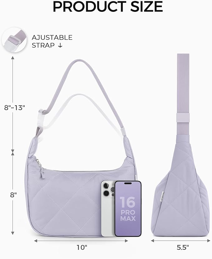 Insulated Lunch Bag for Women, Quilted Reusable Lunch Box with Adjustable Strap, Waterproof Cute Puffy Bento Tote, Stylish Cooler Bag for Work, Picnic or Travel, Light Purple