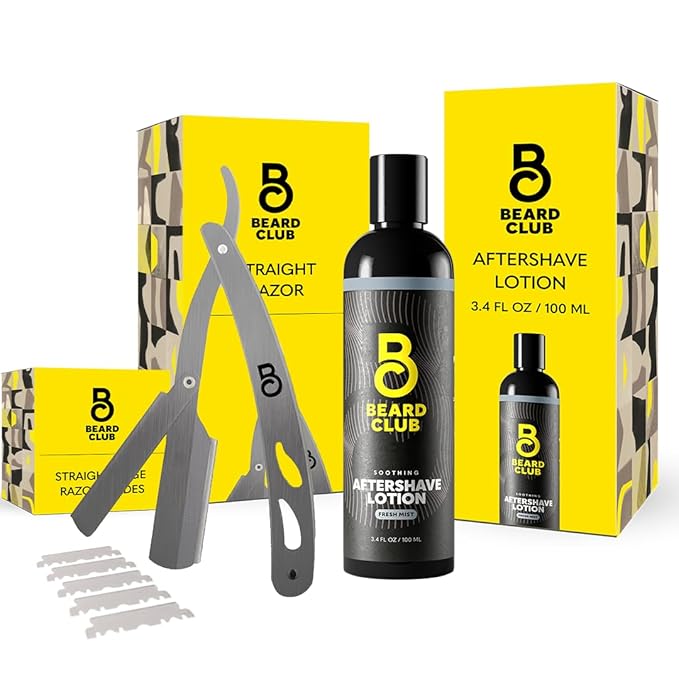 Beard Club Straight Razor for Men & Aftershave for Men – Soothing After Shave Lotion & Navajas Para Barbero - Barber Straight Edge Razor Kit with Post Shave Balm Calms Irritation, 5 Blades - Gift Kit
