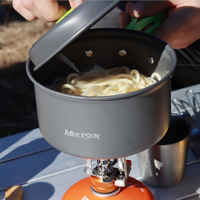 MEETSUN Lightweight Backpacking Cookware Set, Aluminum Camp Cooking Set with 1L Pot,Camping Mess Kit for 1 with Folding Tableware Perfect for Backpacking Stove Kit,Outdoor,Hiking,Survival,Emergency.
