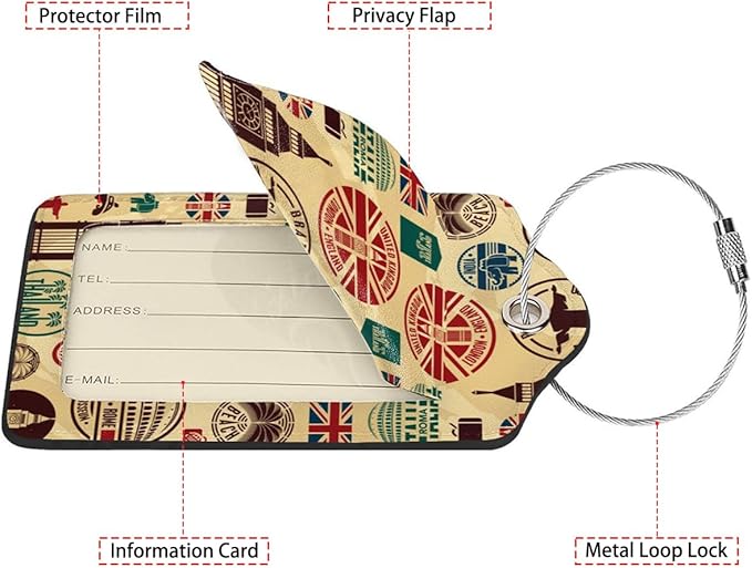 Travel Icons 2 Pack Luggage Tag for Suitcase, Cute Unique Leather Bag Tags Identifiers Privacy Cover ID Label with Steel Loop for Women Men Kids Girls Travel