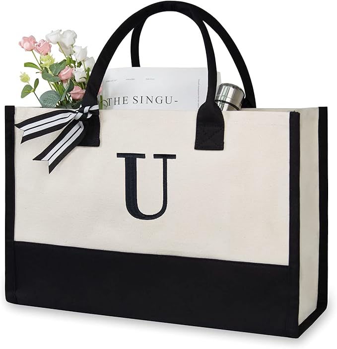 TOPDesign Embroidery Initial Canvas Tote Bag, Personalized Present Bag, Suitable for Wedding, Birthday, Beach, Holiday, is a Great Gift for Women, Mom, Teachers, Friends, Bridesmaids (Letter U)