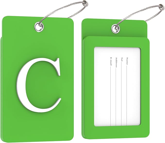 Gostwo 2 Pack Luggage Tags for Suitcases, 26 Initial Letter Travel Luggage Baggage Identification Labels ID Tag Fully Bendable Tags with Stainless Steel Loop (Green) (Letter C)