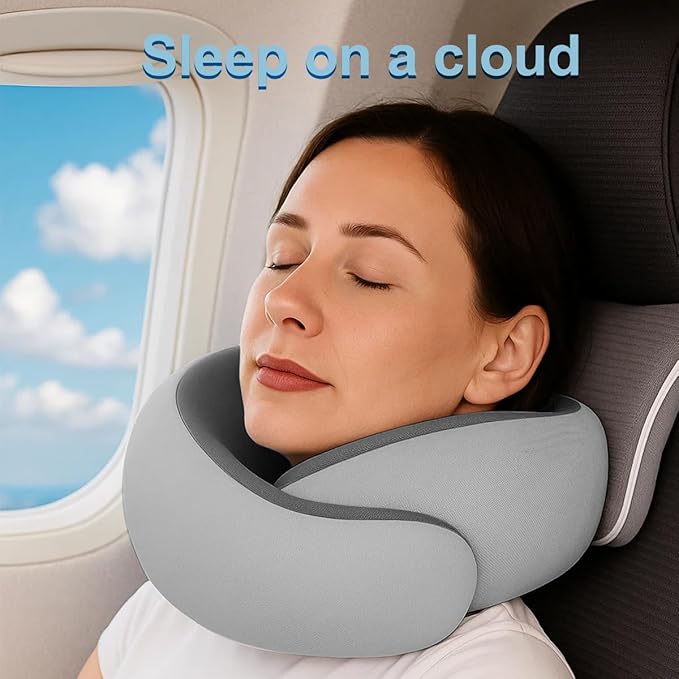 Neck Pillow for Traveling,Travel Neck Pillow for Airplanes,Portable,Smooth & Cooling Fabric,100% Pure Memory Foam,Neck Pain Relief with Breathable 360º Ergonomic Support for Long Flight(Gray)