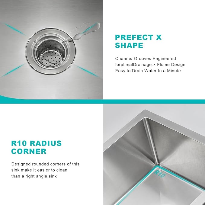 24 inch Undermount Kitchen Sink, 24 x 18 inch Single Bowl Stainless Steel Handmade Undermount Kitchen Sink with Sink Strainer, Brushed