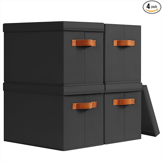 Storage Bins with Lids - Fabric Storage Baskets for Shelves, 4 Pack Foldable Decorative Boxes with Handles, Stackable Organizer Bins for Home, Nursery, Dorm, Black